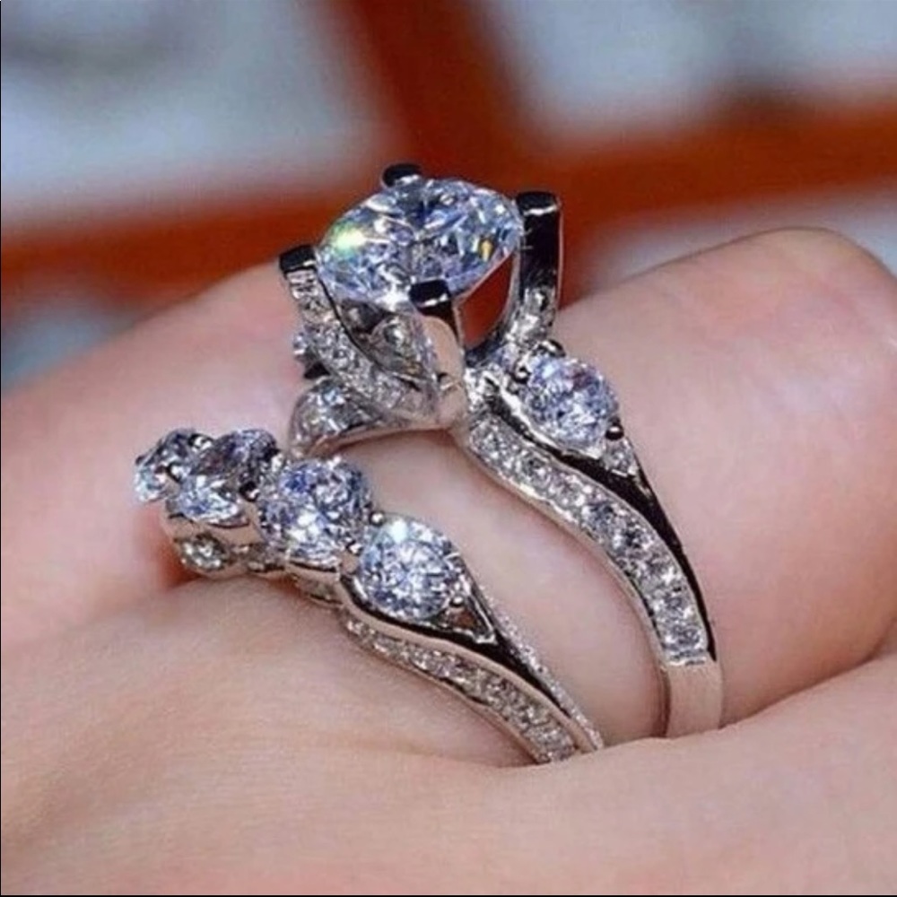 New 2pc 925 Silver Diamond Engagement Ring